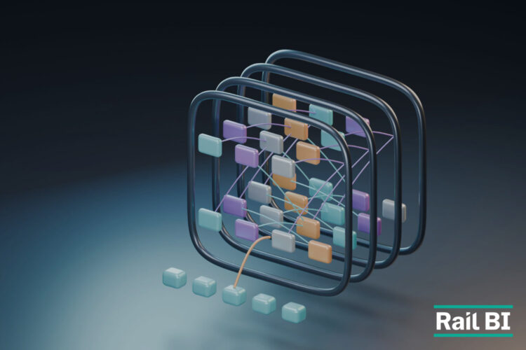 Abstract layered digital graphic representing a rail digital twin for infrastructure planning